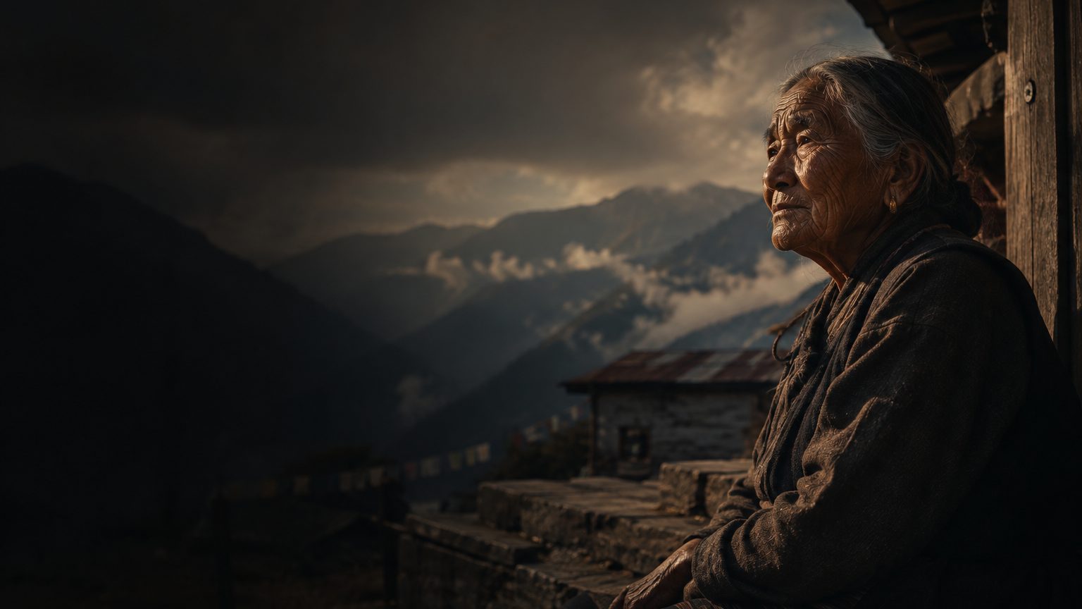 An elderly woman seated outside a mountain home in Sikkim, looking out across the valley at dusk