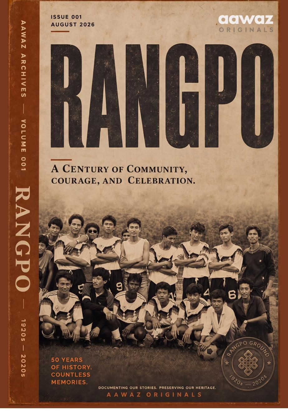 Cover of Aawaz Originals Issue 001, Rangpo, showing an archival photograph of a Rangpo football team